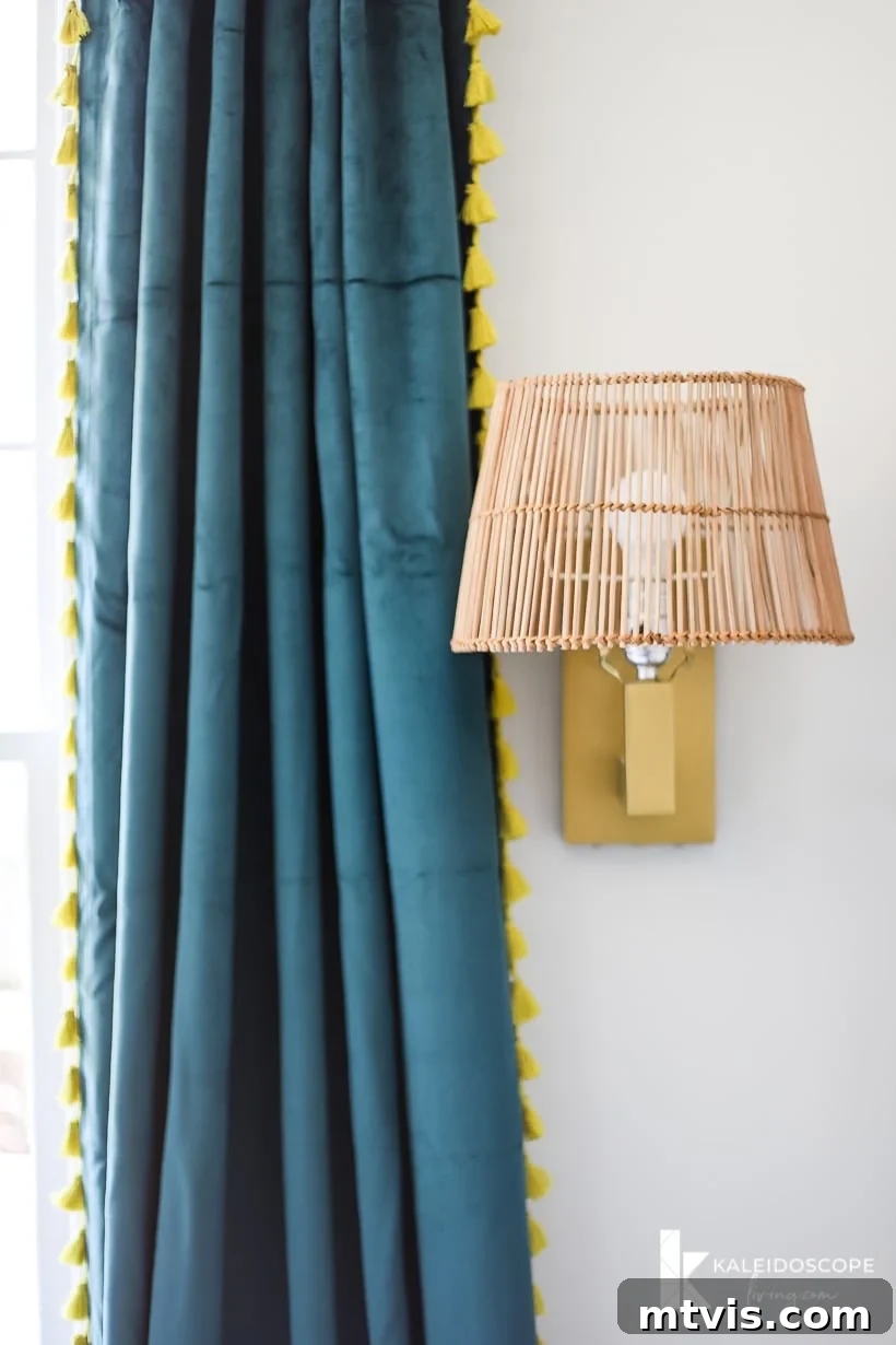 Thea Workspace Transformed 12 Boho-inspired curtains and refreshed gold sconce in home office