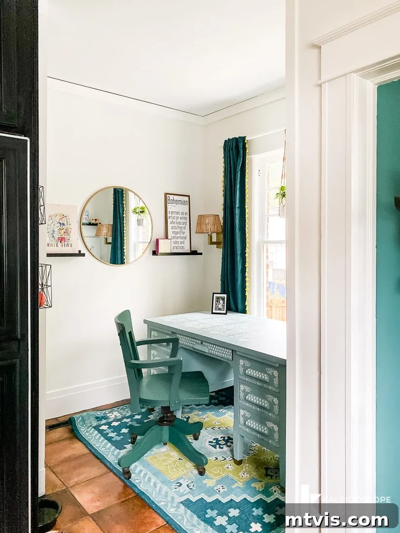 Thea Workspace Transformed 14 View of the colorful and functional office from the kitchen
