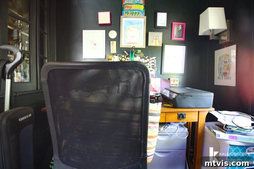 Thea Workspace Transformed 4 Outdated home office with poor lighting and cluttered appearance