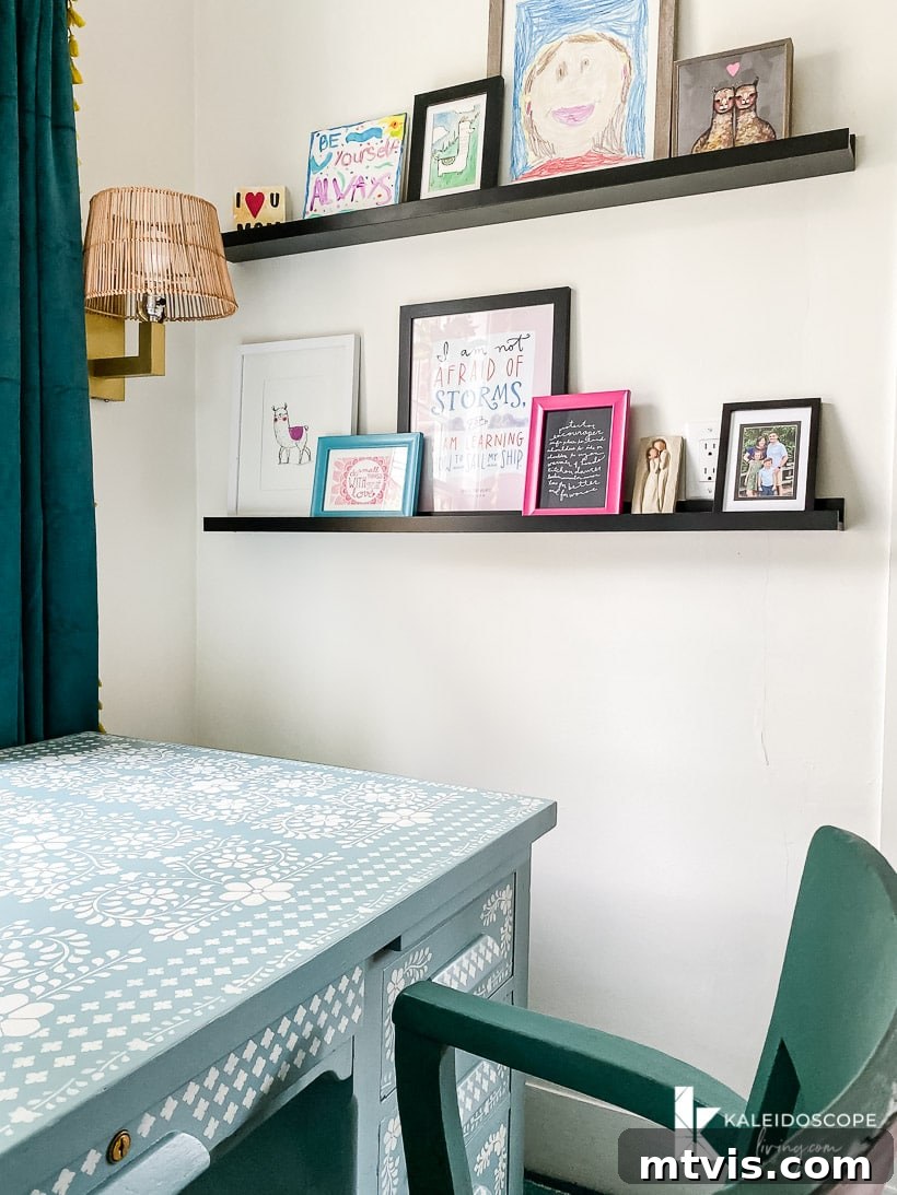 Thea Workspace Transformed 10 Detailed view of organized colorful art on photo ledges in office