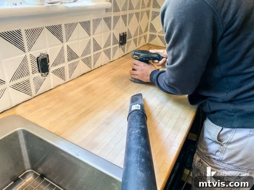 Mastering Butcher Block: Refinishing & Long-Term Care 4 sanding butcher block countertops