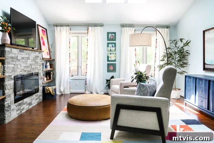 Cozy sitting area featuring windows dressed with elegant DIY curtains enhanced with colorful tassels, adding a playful touch to the decor.