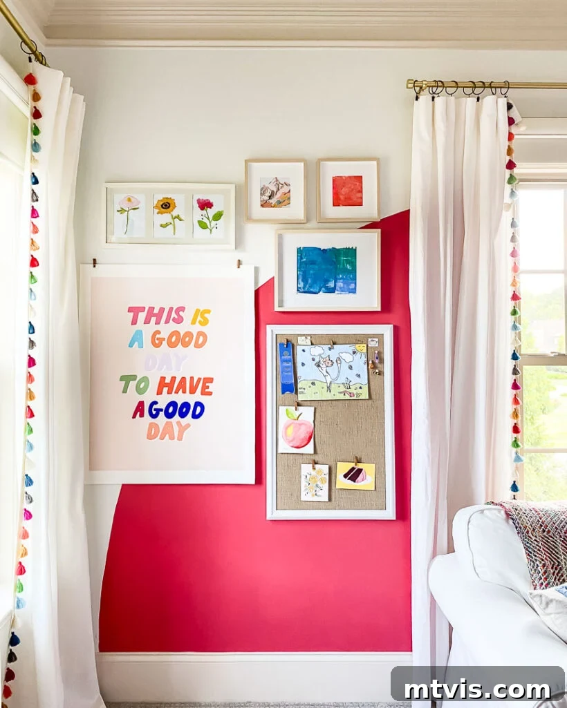 Vibrantly decorated girl's bedroom featuring custom-look curtains with cheerful tassels, complementing the room's colorful aesthetic.