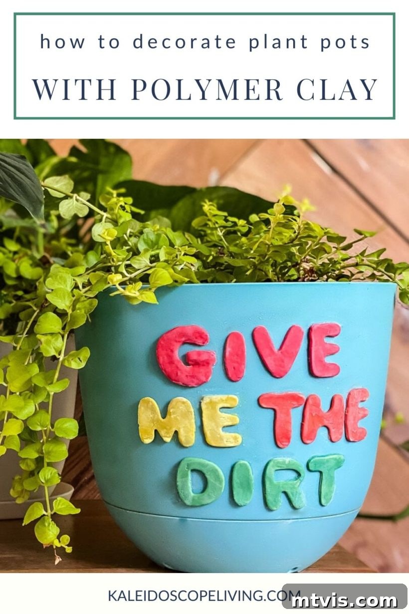 Beyond Basic Pots Polymer Clay Decorating with a Touch of Humor 2 A beautifully decorated plastic plant pot with polymer clay designs, showcasing a personalized touch for indoor plants.
