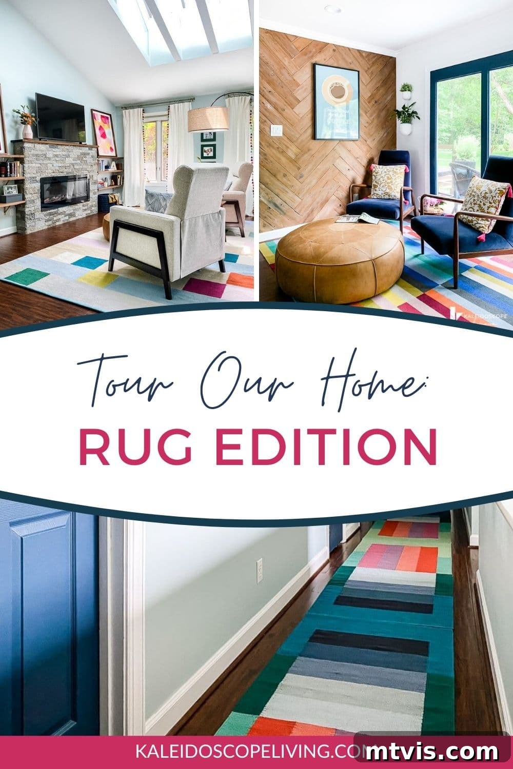 Tour Our Home's Coordinated Colorful Rugs 2 A vibrant colorful area rug anchors a beautifully decorated living space, showcasing the impact of bold patterns in home decor.