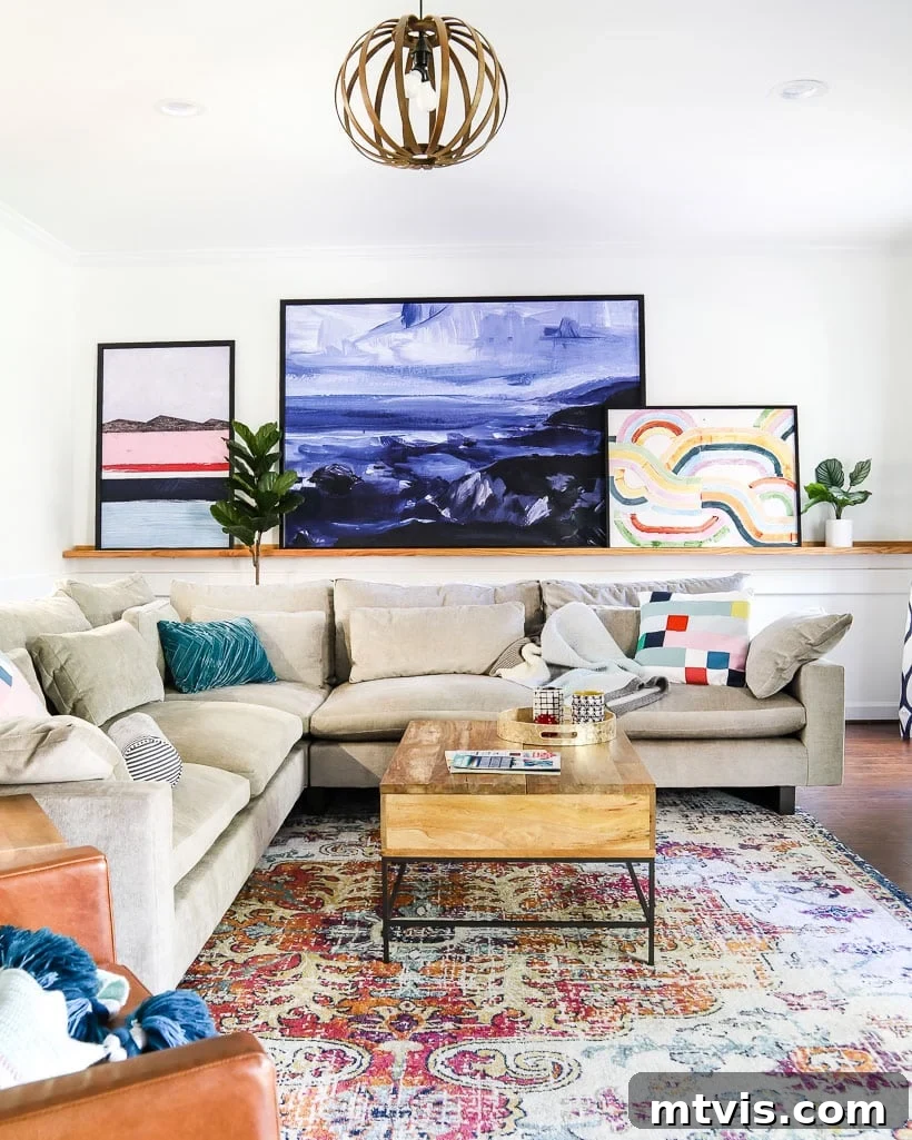 Tour Our Home's Coordinated Colorful Rugs 4 A large, abstract colorful rug grounds the comfortable family room, introducing modern art and warmth.