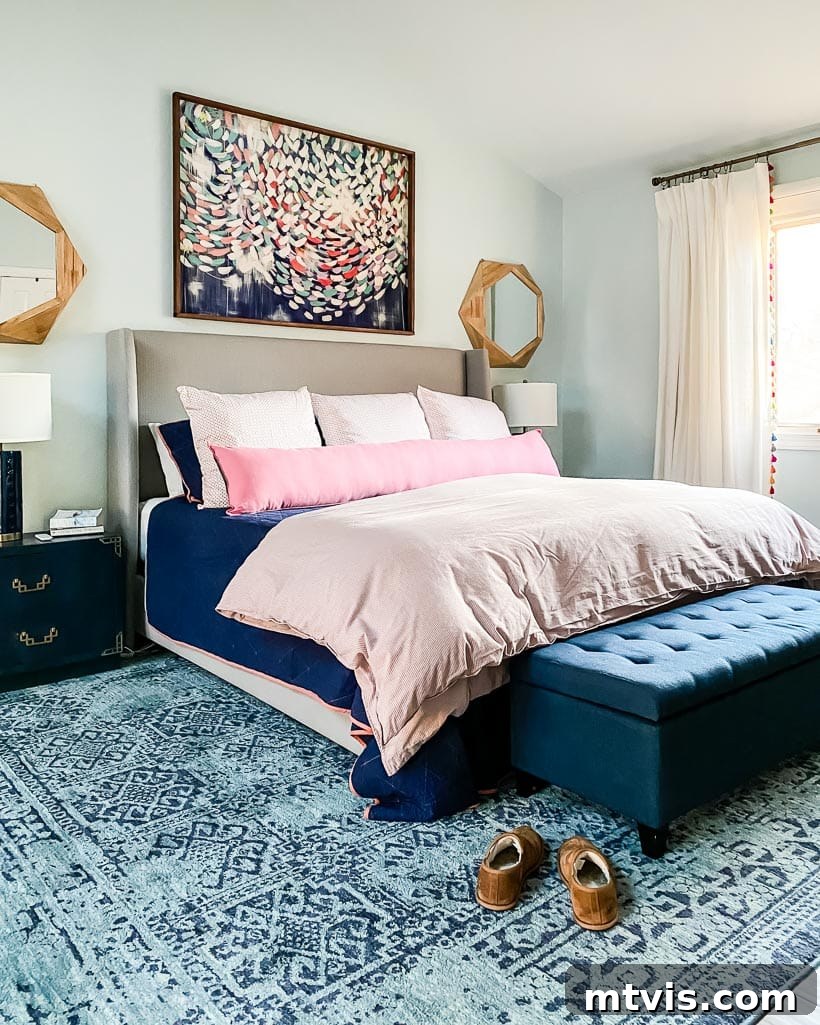 Tour Our Home's Coordinated Colorful Rugs 5 A soft, colorful rug creates a serene and inviting atmosphere in the master bedroom, complementing existing textiles.
