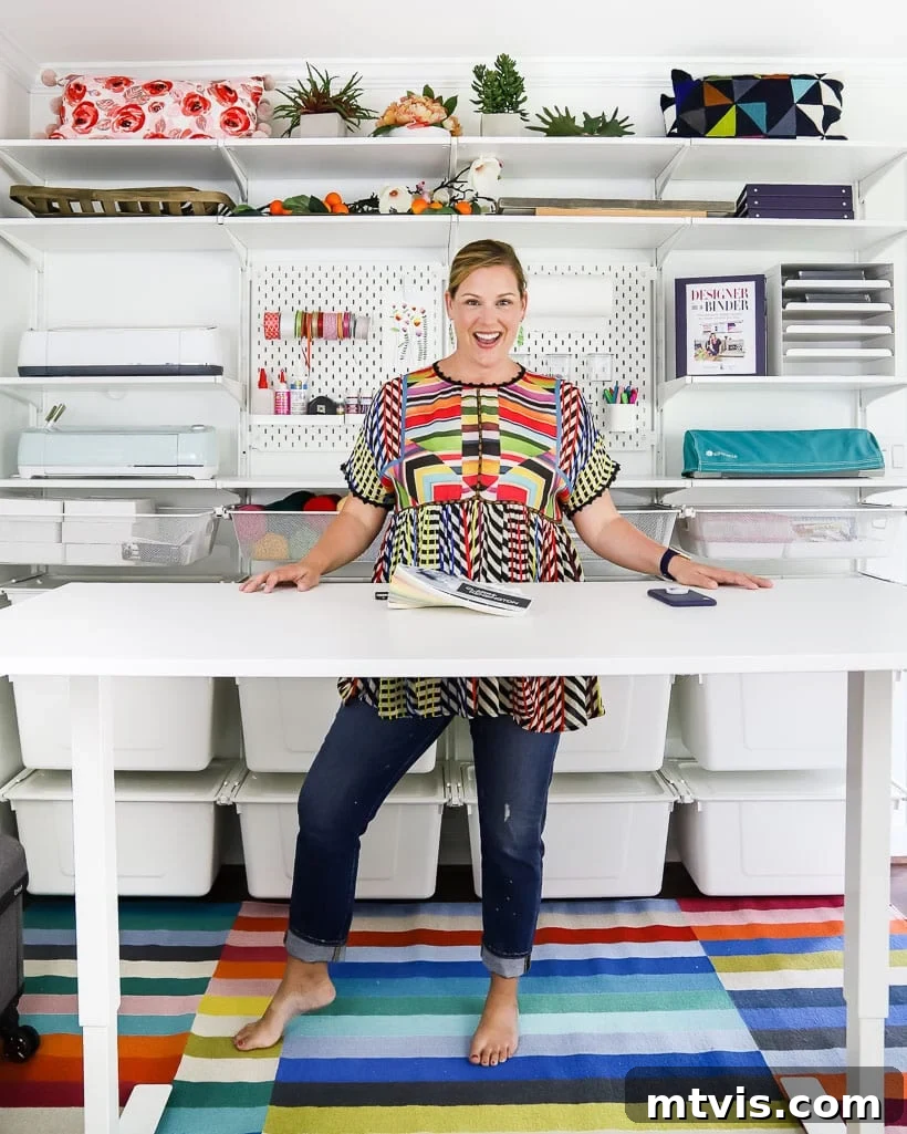 Tour Our Home's Coordinated Colorful Rugs 9 An organized craft room features a modern striped colorful rug, adding structure and vibrancy to the creative workspace.