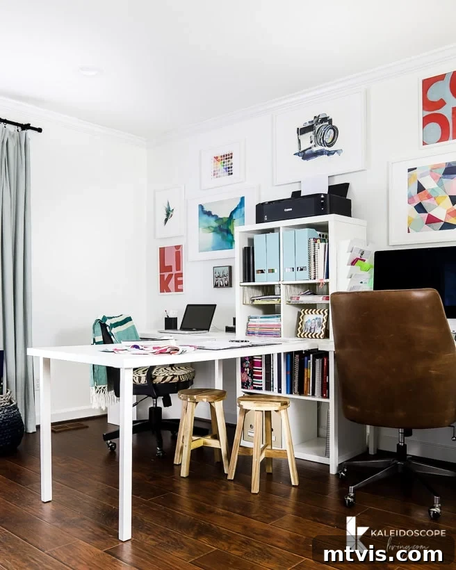 Transform Your Workspace Today 3 Elegant white home office featuring a large desk, bright pops of color, and decorative shelving