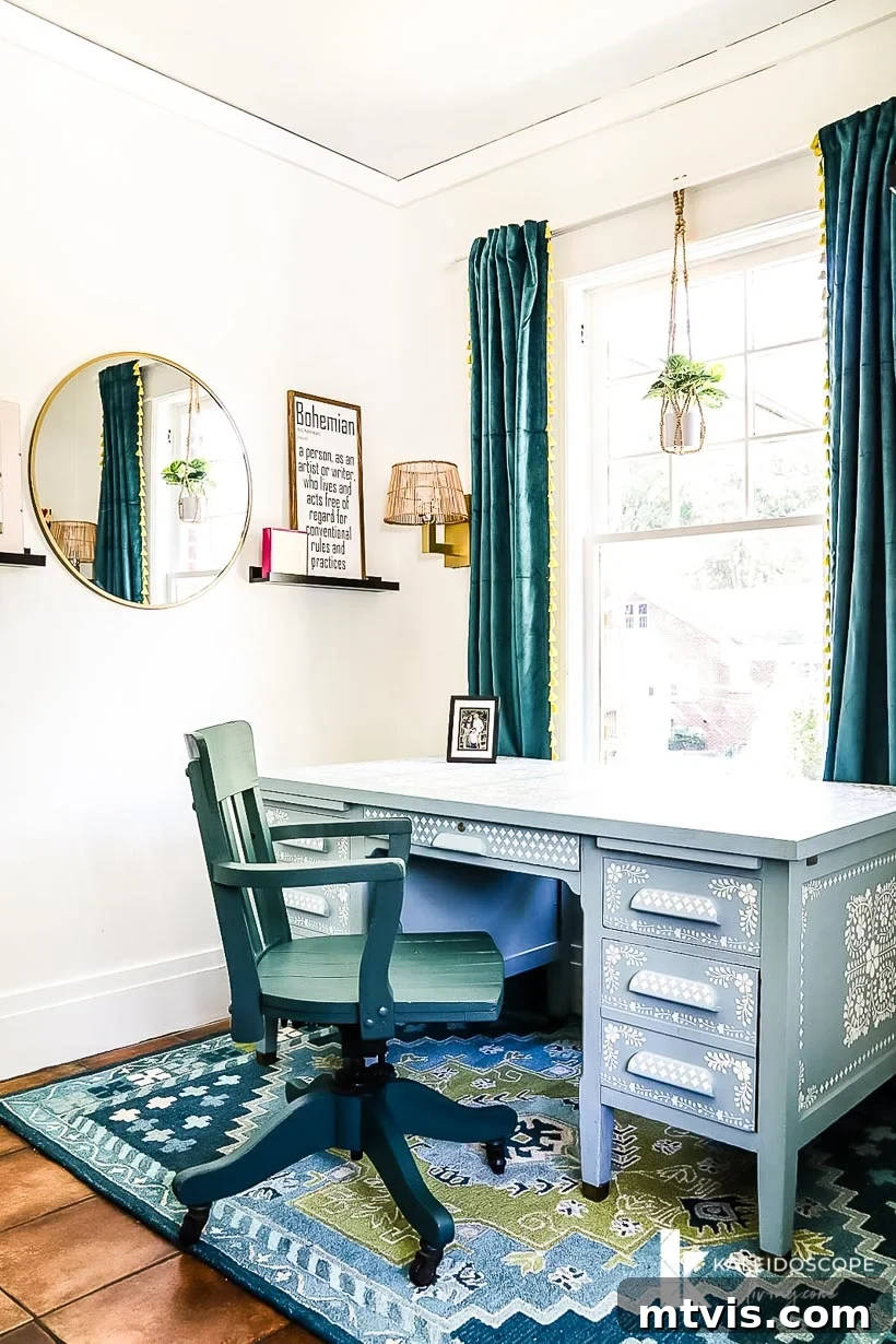 Transform Your Workspace Today 4 Eclectic home office with a unique stenciled desk, vibrant artwork, and creative decor