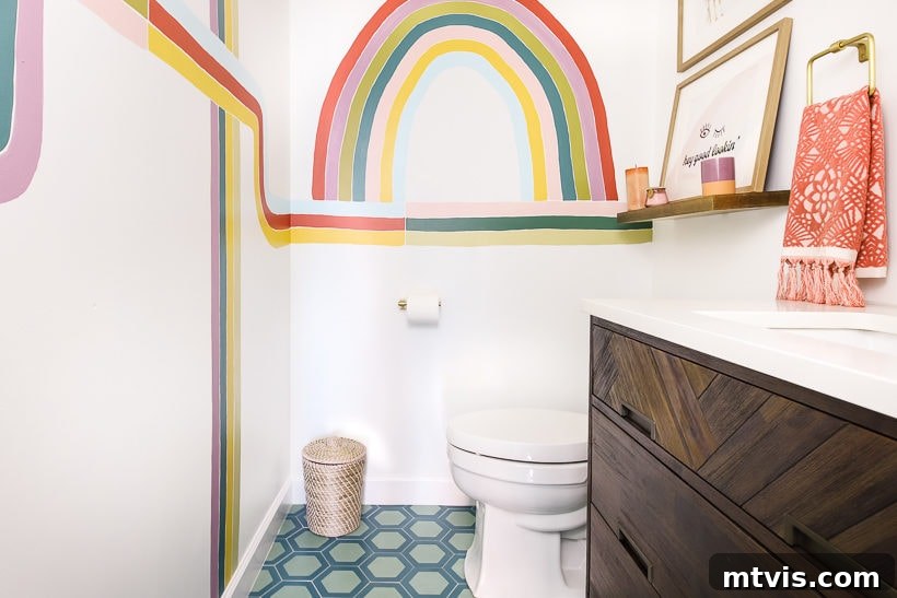 Modern and colorful powder room featuring unique cement tiles and vibrant decor.