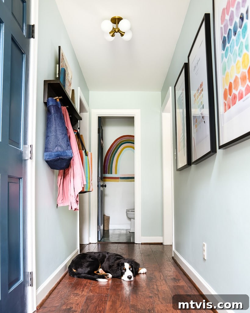 Vibrant downstairs hallway filled with color and personal touches.