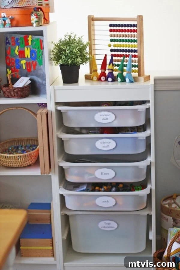 Genius Homeschool Organization Hacks 6 Neatly labeled IKEA Trofast bins, specifically designed for homeschooling storage, are carefully arranged beside a functional bookcase, showcasing efficient organization.