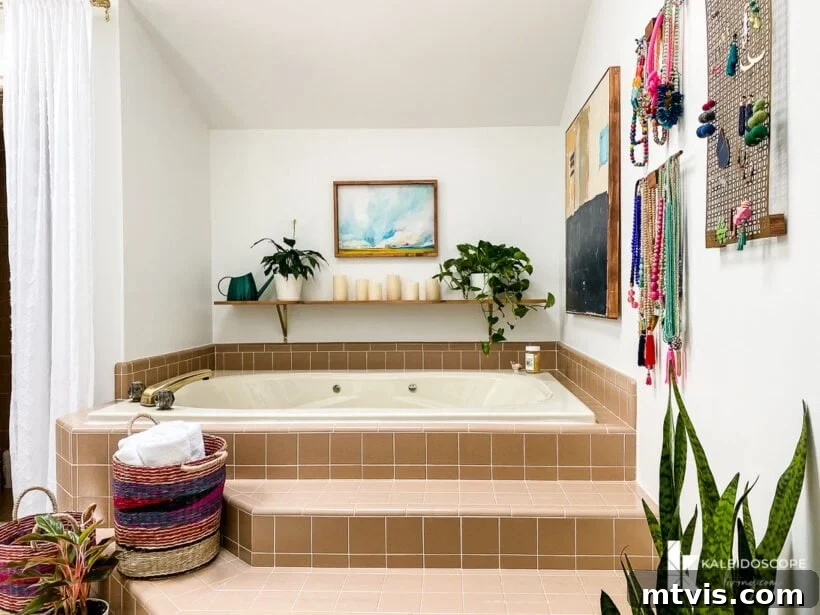 Master Bathroom Remodel on a Budget The Big Reveal 15 master bathroom makeover with almond color tub - A closer look at the tub area, demonstrating how the almond-colored tub is integrated into the new design.