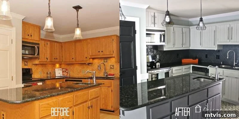 Before and after comparison of kitchen cabinets, showcasing the transformative power of paint.