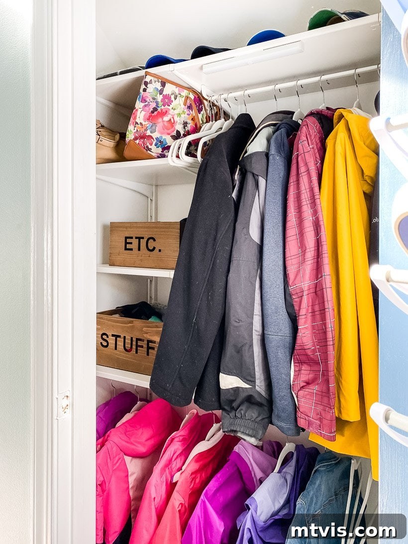 Declutter Your Coat Closet: The 100 Dollar Edition 6 fully organized coat closet with all items in place