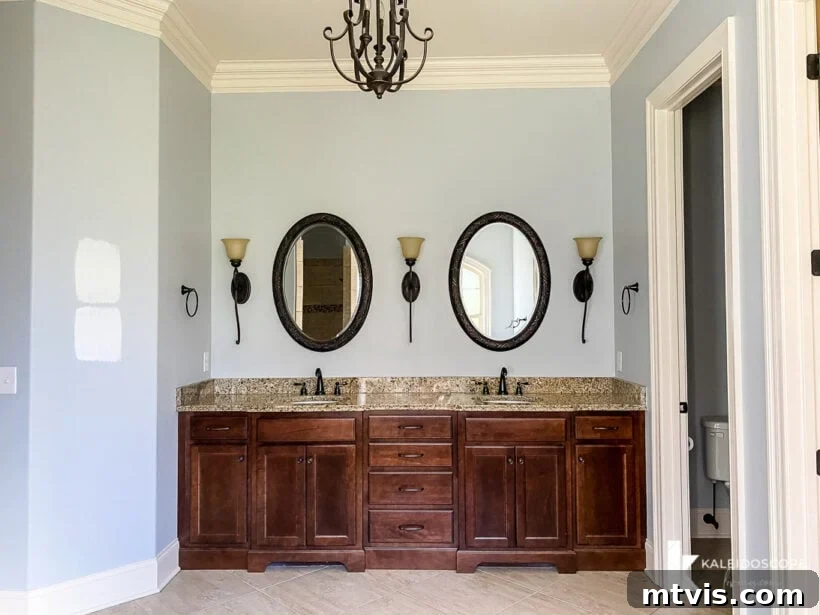 Our New House: The Blank Canvas Tour Part 1 14 Primary bathroom with blue walls, wood stained vanity, and brown tile