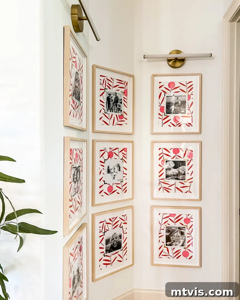 Stunning Family Photo Wall Ideas 3 Unique display of family photos with wallpaper photo mattes