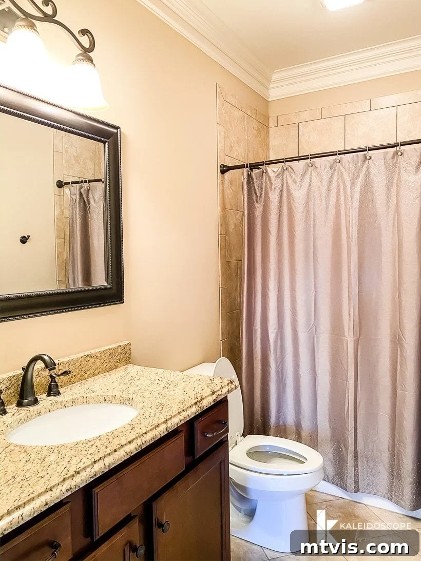 Unboxing Our New House: The Raw Tour Part 2 6 Attley's brown-themed bathroom, showing vanity and shower area.