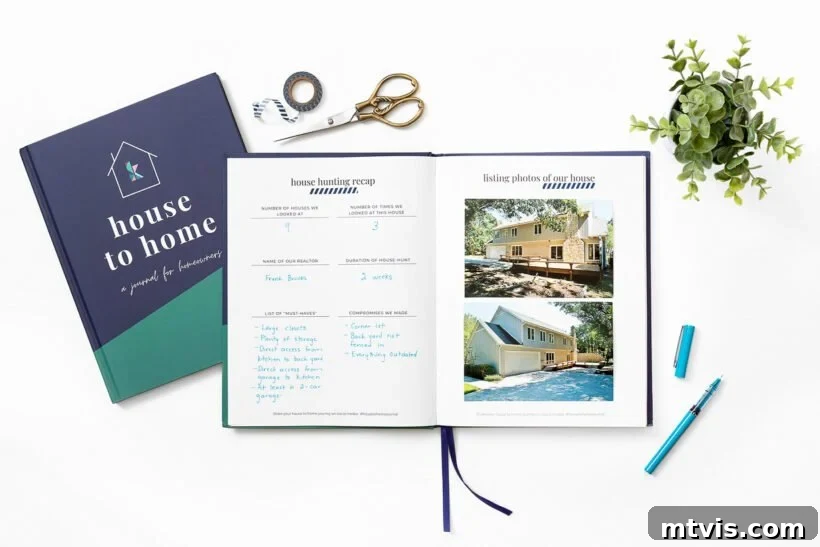 Master Your Home: The Ultimate Homeowner's Journal 3 Inside pages of the homeowner's journal, showing space for documenting house hunting and moving