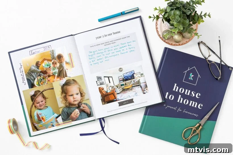 Master Your Home: The Ultimate Homeowner's Journal 6 Open pages of the homeowner's journal, demonstrating space for yearly reflections and home projects