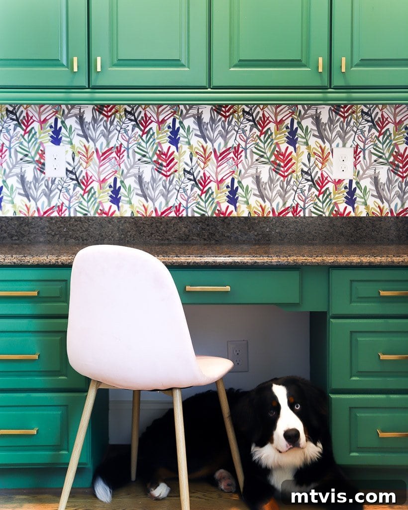 Completing Home Projects on a Hectic Schedule 7 desk with wallpaper and green painted cabinets