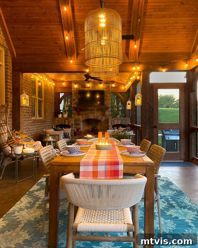 Outdoor Oasis: Screened Porch Tour & Decor Tips 5 Screened-in porch at night, beautifully lit with string lights, creating a magical and inviting ambiance.