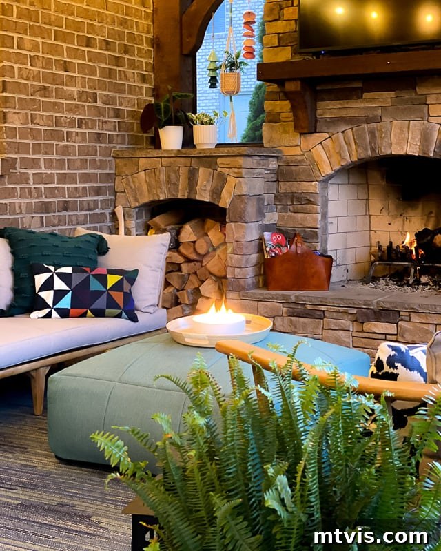 Outdoor Oasis: Screened Porch Tour & Decor Tips 6 Screened-in porch featuring a cozy fireplace surrounded by various plants, adding natural beauty and warmth.