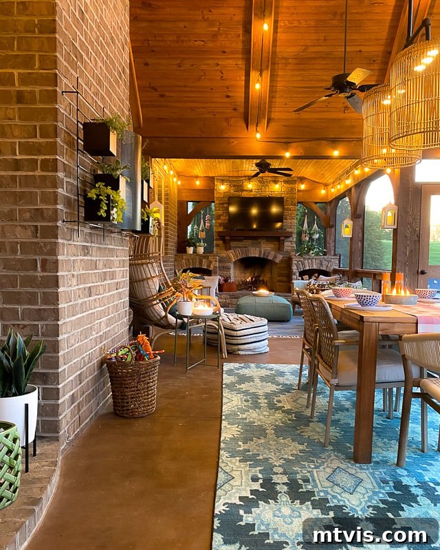 Outdoor Oasis: Screened Porch Tour & Decor Tips 9 Screened-in porch illuminated with charming lighting, perfect for evening ambiance.