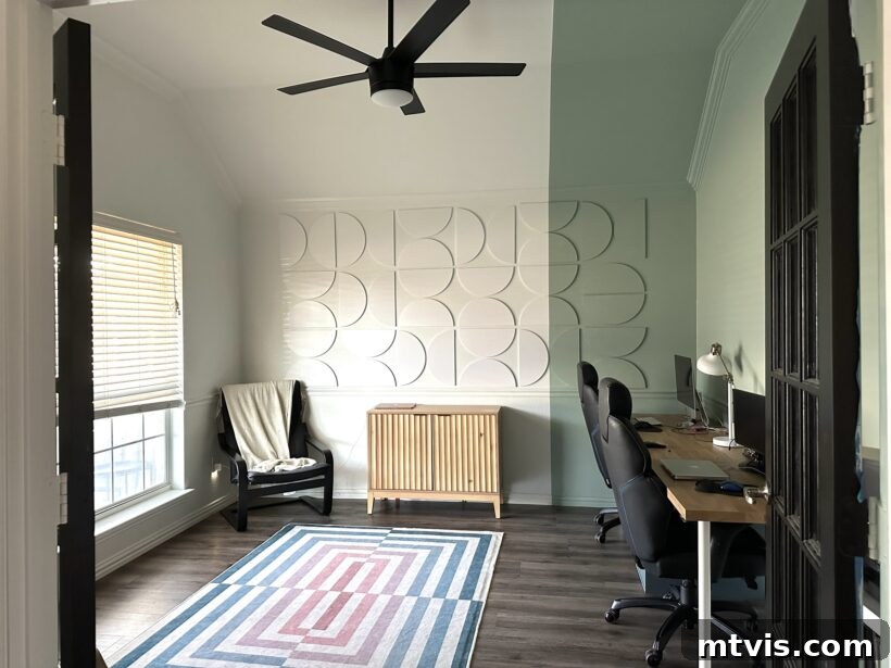 Designer in a Binder: Customer Success Stories 3 After photo of Emily's vibrant home office with dimensional tiles and color-blocked paint