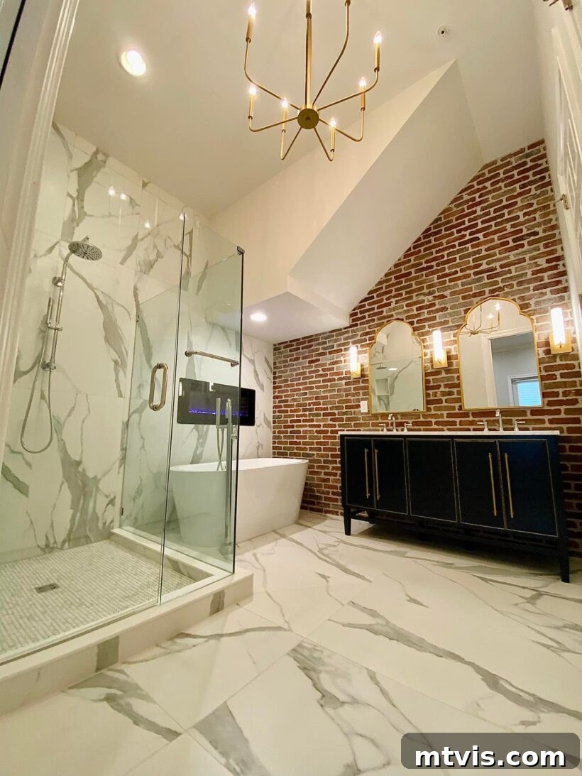 Designer in a Binder: Customer Success Stories 33 After photo of Valerie's stunning bathroom with brick and marble elements