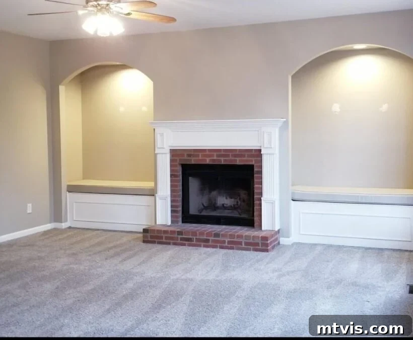 Designer in a Binder: Customer Success Stories 56 beige family room with brick fireplace before makeover