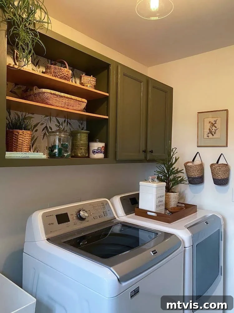 Designer in a Binder: Customer Success Stories 9 After photo of Kim's laundry room with open cabinets, paint, and wallpaper