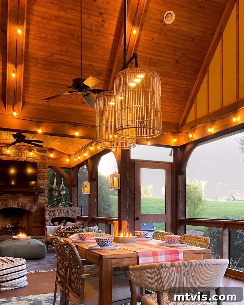 Build Your Own Outdoor Chandelier 2 Colorful outdoor dining area in a screened-in porch with vaulted ceilings and a DIY outdoor chandelier providing ambient light.