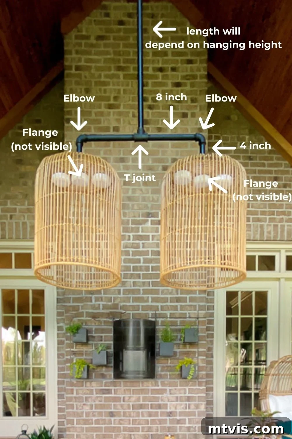 Build Your Own Outdoor Chandelier 4 Diagram illustrating the gas pipe components and their assembly for the DIY outdoor chandelier base, using T-joints, elbow joints, and floor flanges.