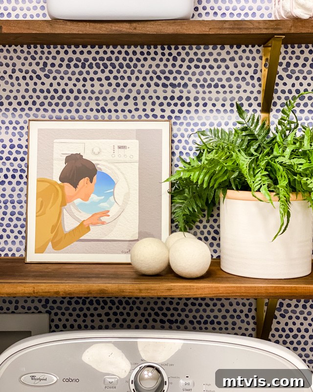 Unveiling Our Chic Modern Laundry Oasis 16 laundry room art on shelves with laundry supplies