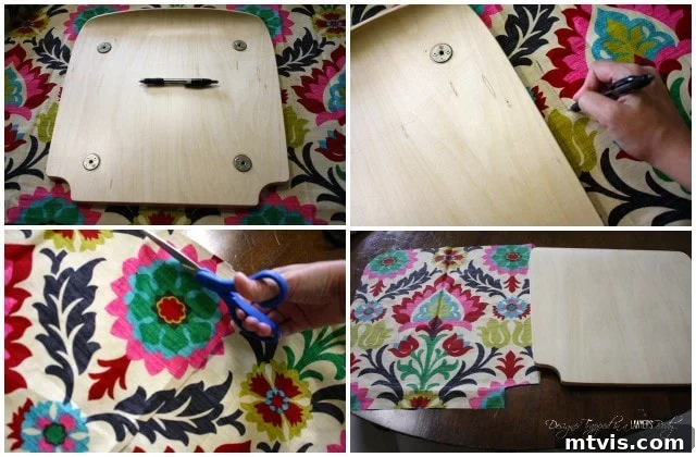 Upcycle Furniture with Fabric Decoupage 3 Tracing a chair seat onto patterned fabric, allowing for extra margin before cutting