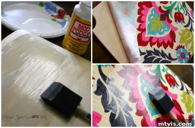 Upcycle Furniture with Fabric Decoupage 4 Applying Mod Podge over fabric on a wooden chair seat, smoothing out air bubbles