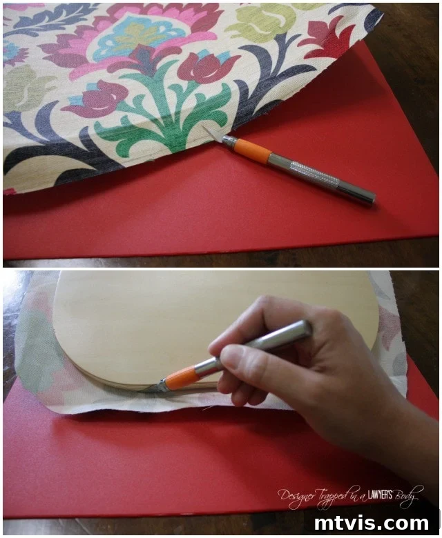 Upcycle Furniture with Fabric Decoupage 5 Trimming excess fabric from a decoupaged wooden chair seat with a craft knife