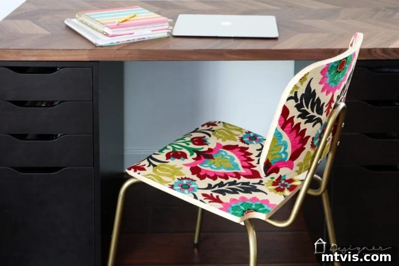 Upcycle Furniture with Fabric Decoupage 7 A beautifully decoupaged wood chair with fabric, mimicking an "upholstered" look on a small budget