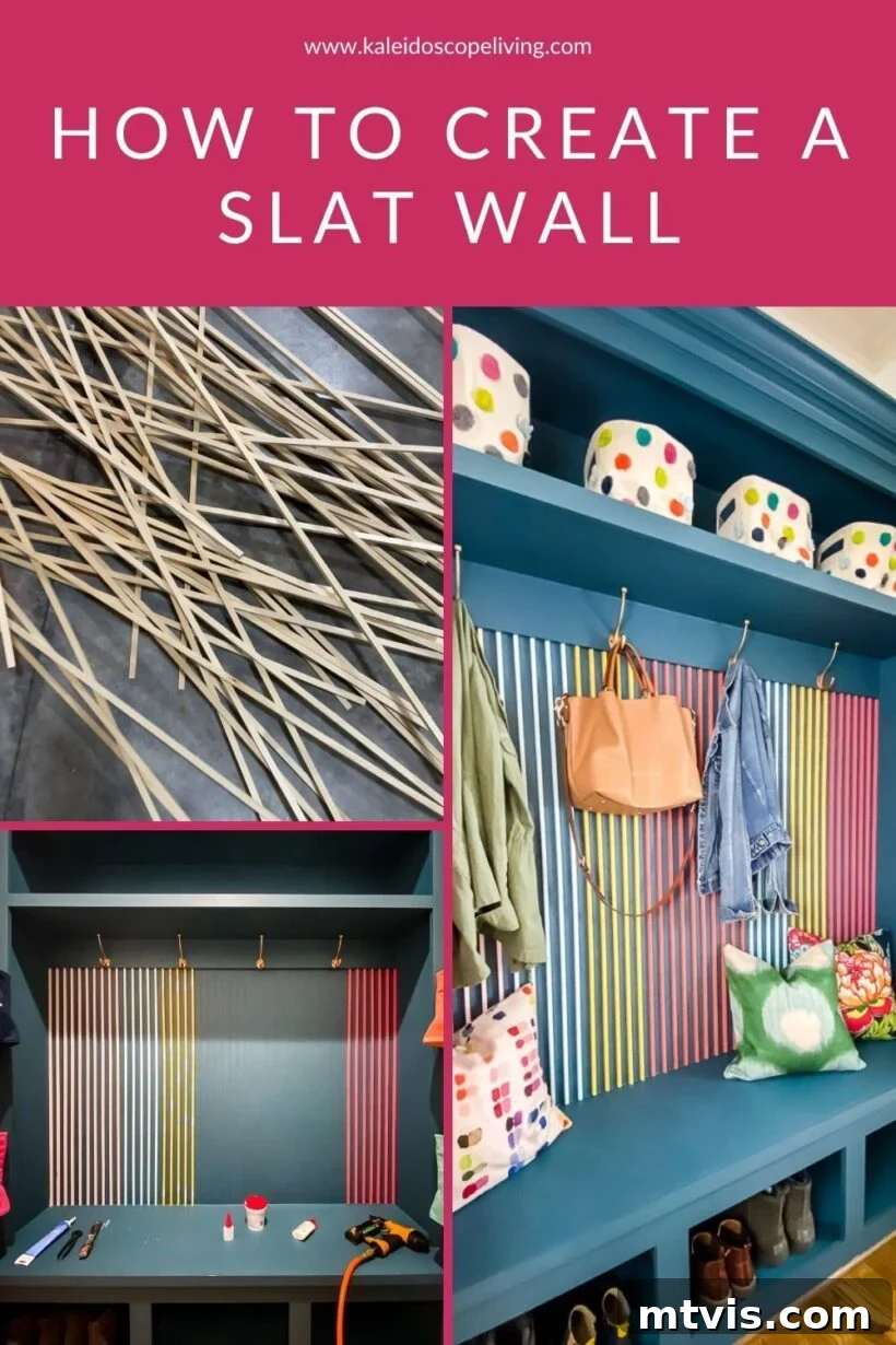Modern Wood Slat Wall Transformation 2 Vibrant mudroom featuring a multi-colored DIY wood slat wall as a focal point, showcasing modern home decor