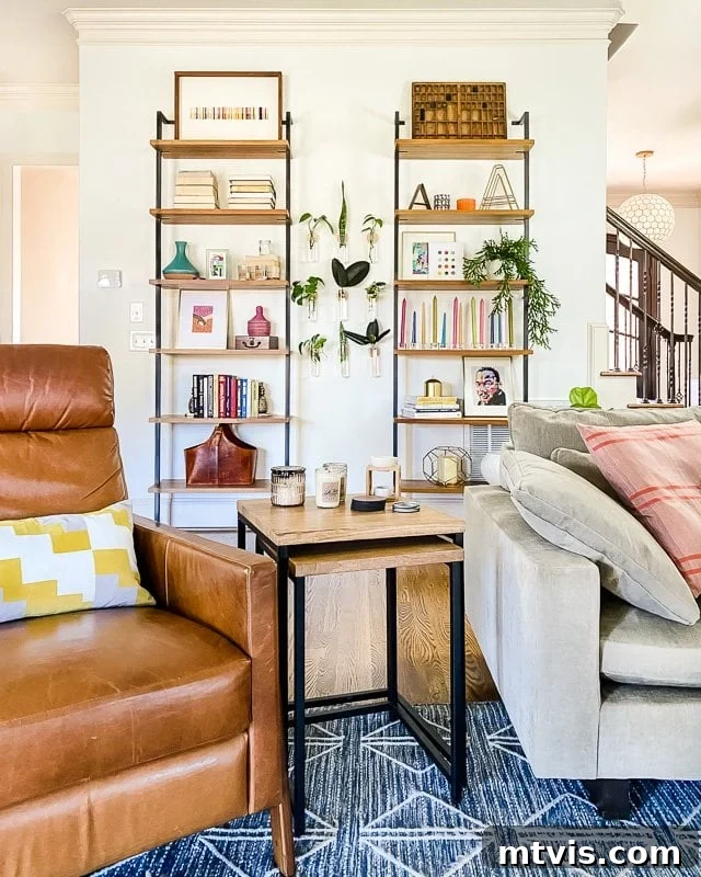 Colorful styled shelves in a family room with small art