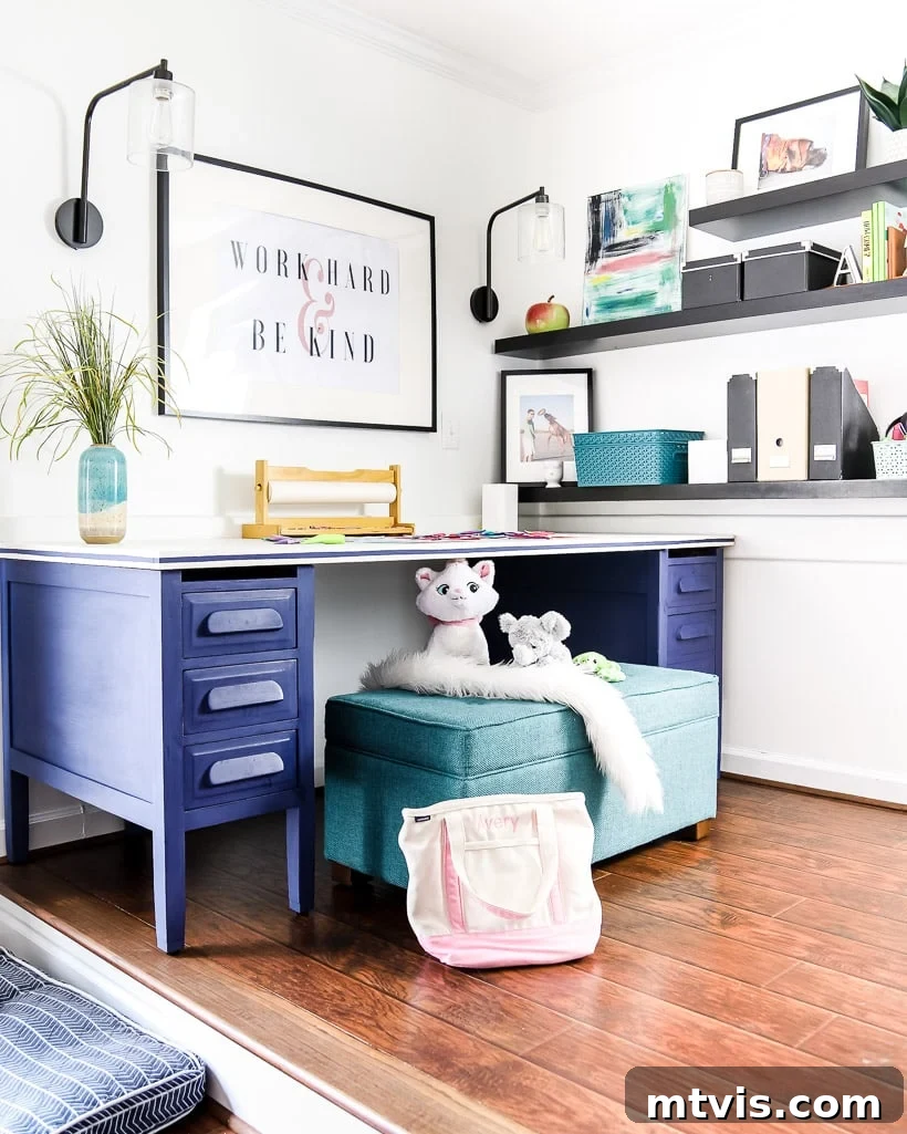 Small abstract art piece adding color to a girls' play area shelf