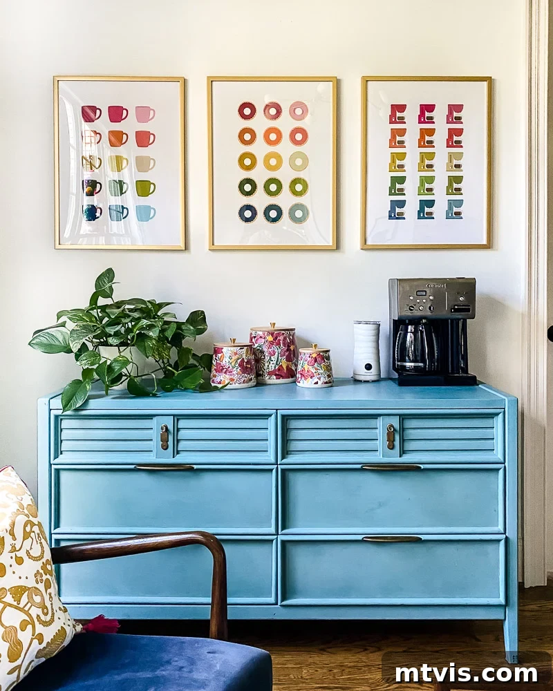 Seamless Spaces: Discover Our Gallery of Flowing Colors 11 Large, colorful graphic art print featuring coffee and donuts in a coffee nook.