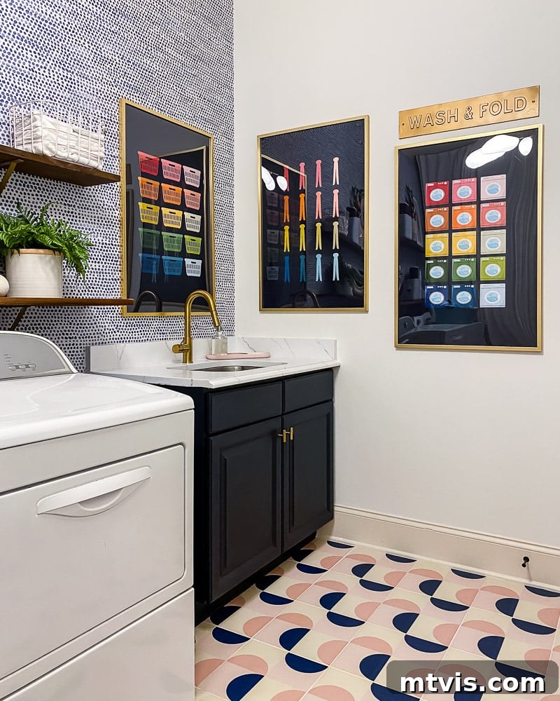 Seamless Spaces: Discover Our Gallery of Flowing Colors 12 Bright and whimsical colorful art print in a modern laundry room.
