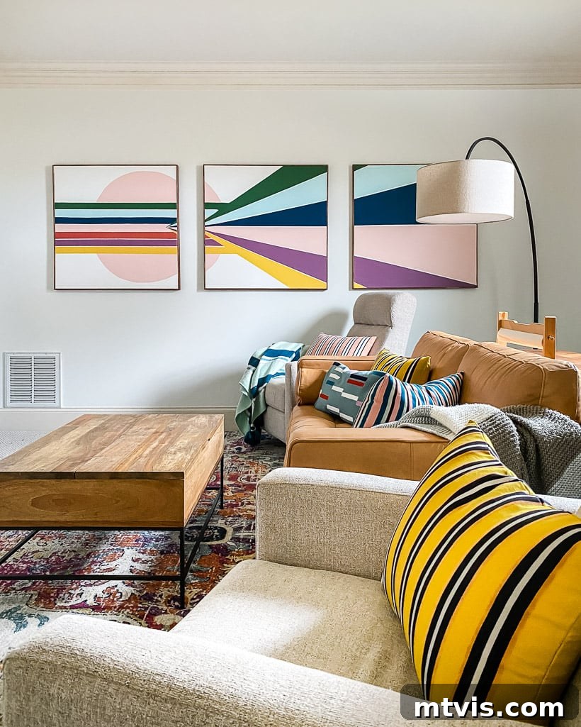 Seamless Spaces: Discover Our Gallery of Flowing Colors 17 Large DIY graphic art piece with bold colors, repurposed for a bonus room.