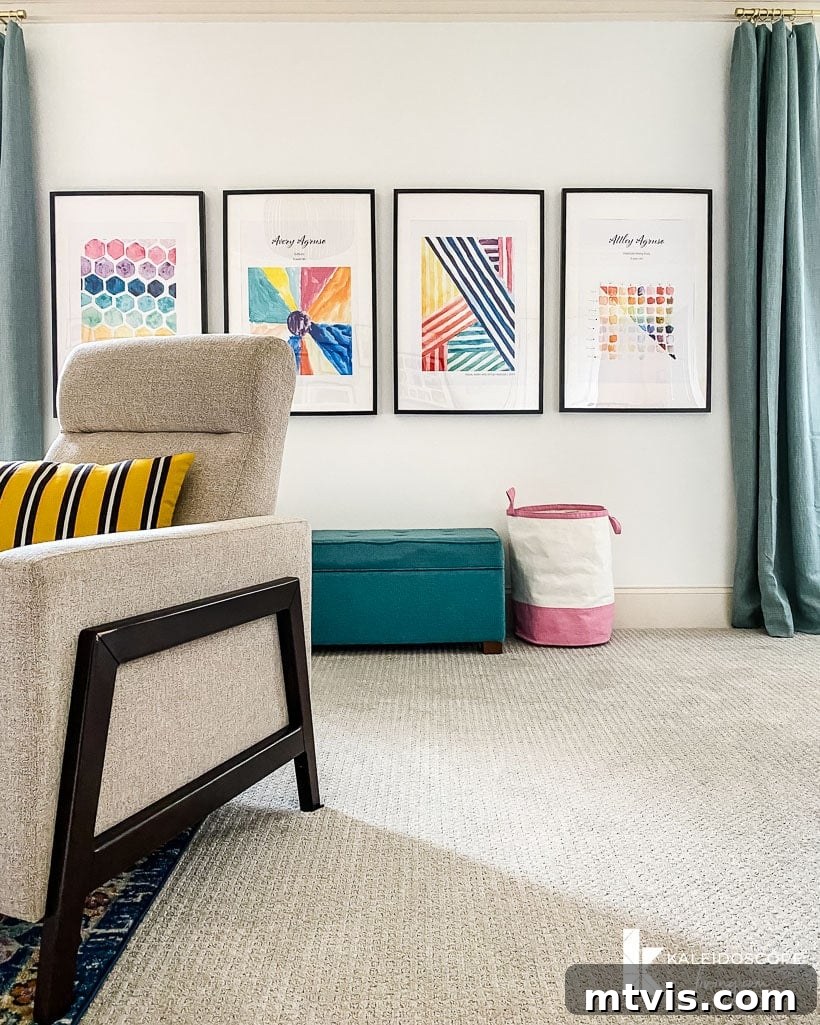 Seamless Spaces: Discover Our Gallery of Flowing Colors 18 Creative gallery wall in a bonus room, featuring enlarged children's artwork and abstract designs.