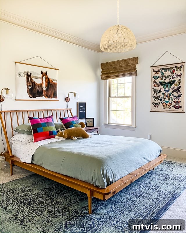Seamless Spaces: Discover Our Gallery of Flowing Colors 22 Colorful modern girl's room featuring a horse art print and a butterfly wall hanging.