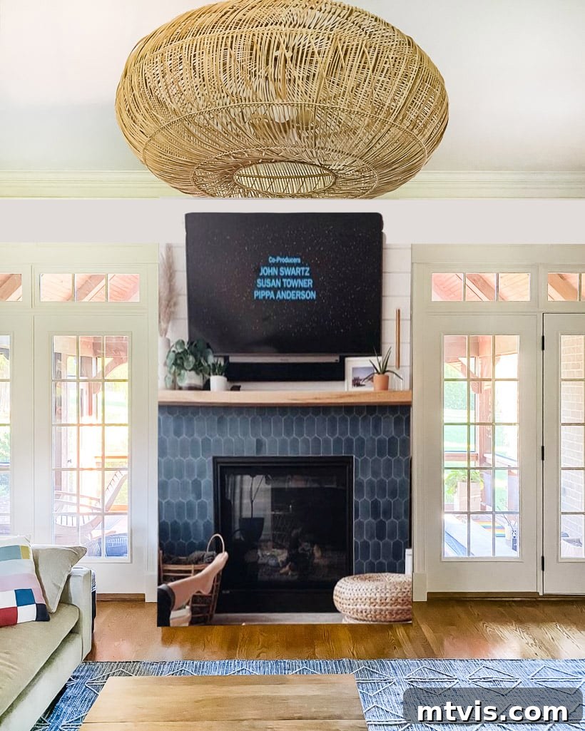 Our Fireplace Glow-Up Revealed 3 Digital mockup of a renovated family room with a new fireplace design
