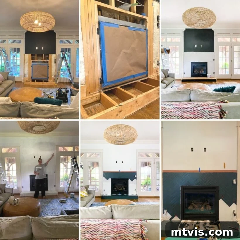 Our Fireplace Glow-Up Revealed 6 Progress photos of the fireplace renovation showing demolition and tiling stages